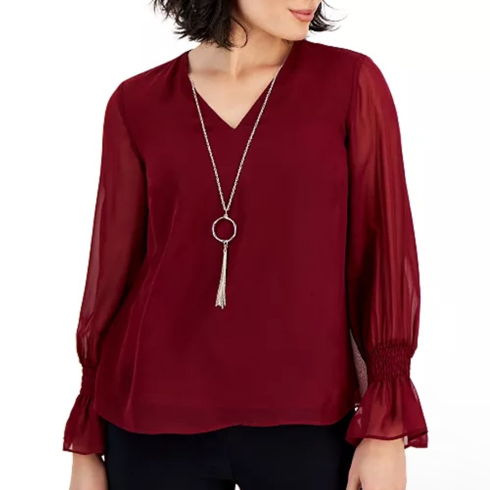 Burgundy V-neck Blouse 3X sheer sleeves smocked cuffs Preppy Elegant Party